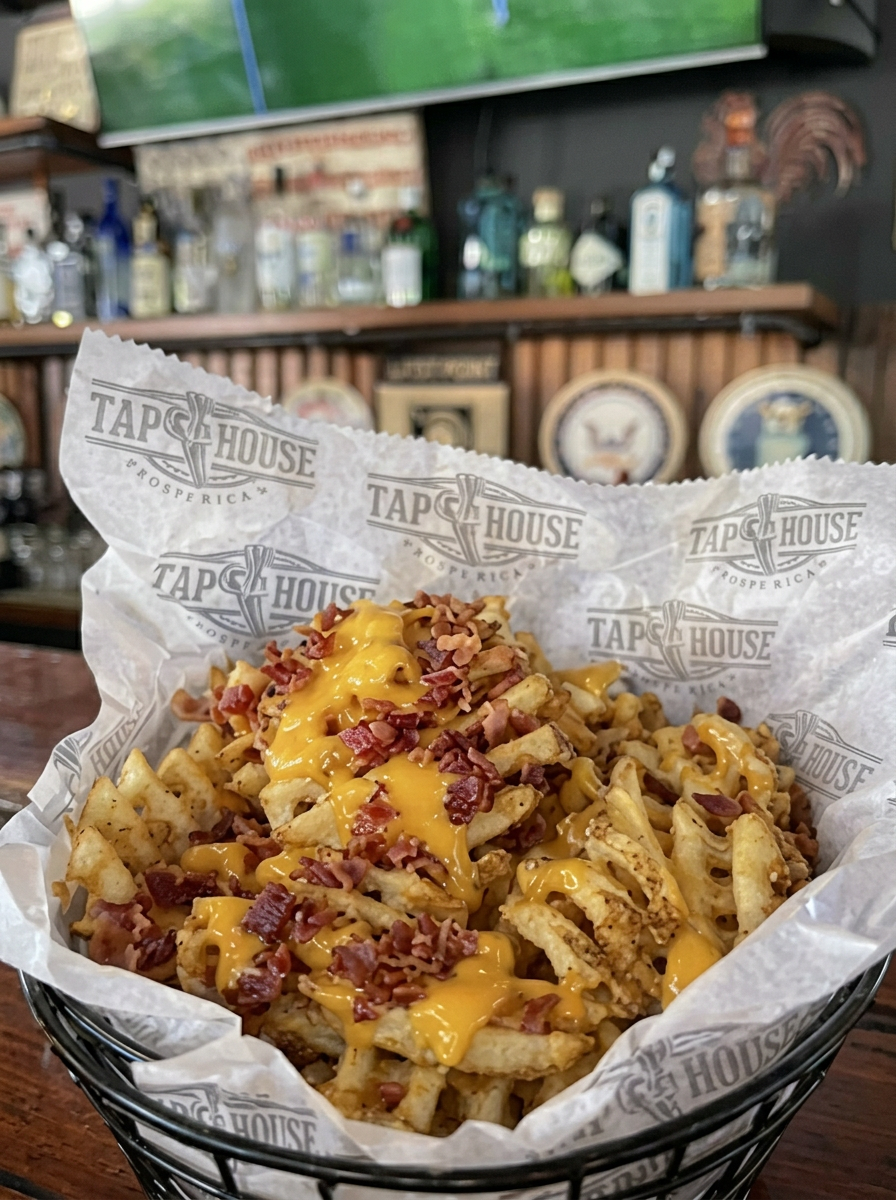 Waffle fries loaded with bacon and cheese