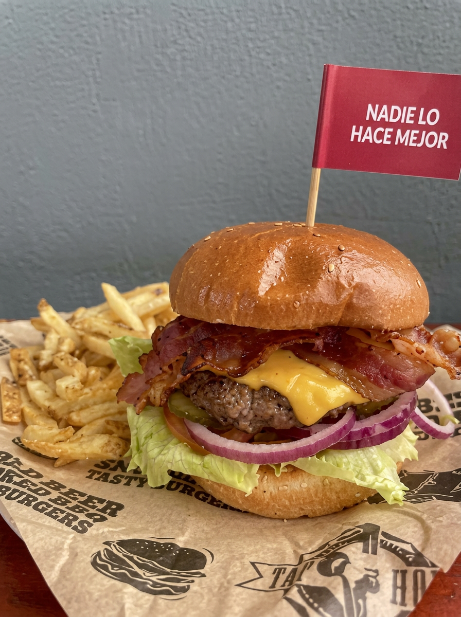 Bacon cheeseburger with Nadie Lo Hace Mejor flag and fries