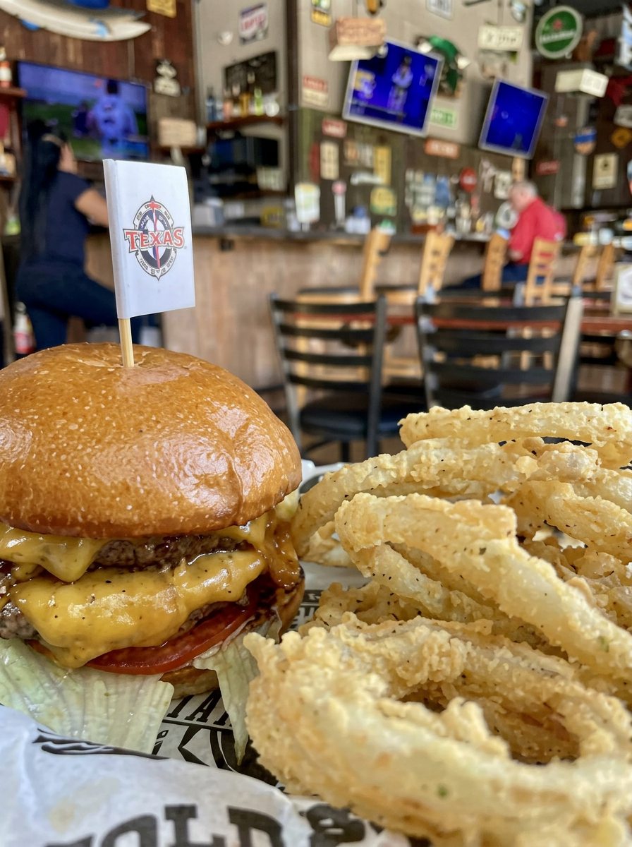Cheeseburger with crispy onion rings on the bar