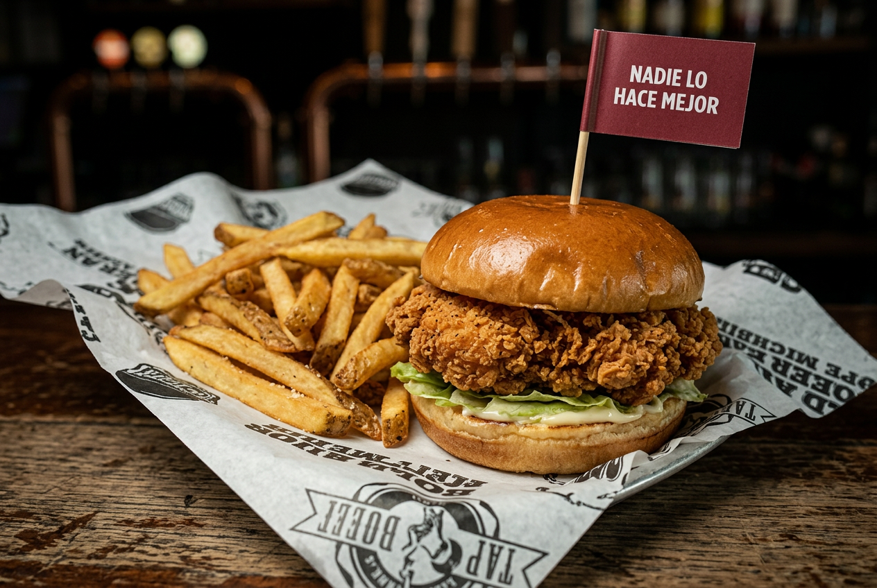 Crispy chicken sandwich with the house flag and fries