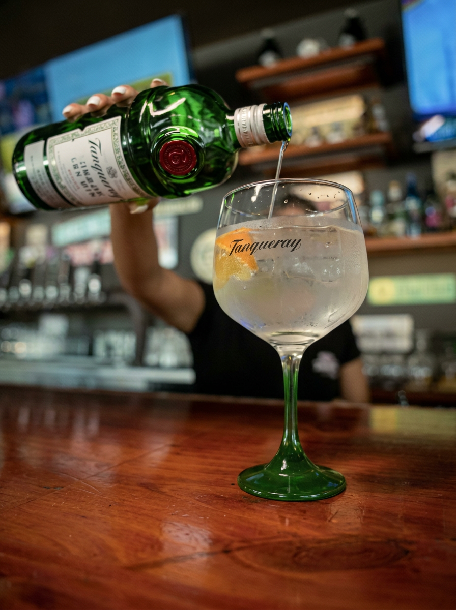 Tanqueray gin being poured into a copa glass