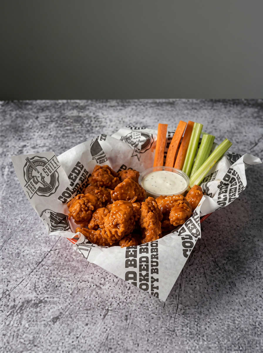 Buffalo wings basket with celery, carrots and ranch